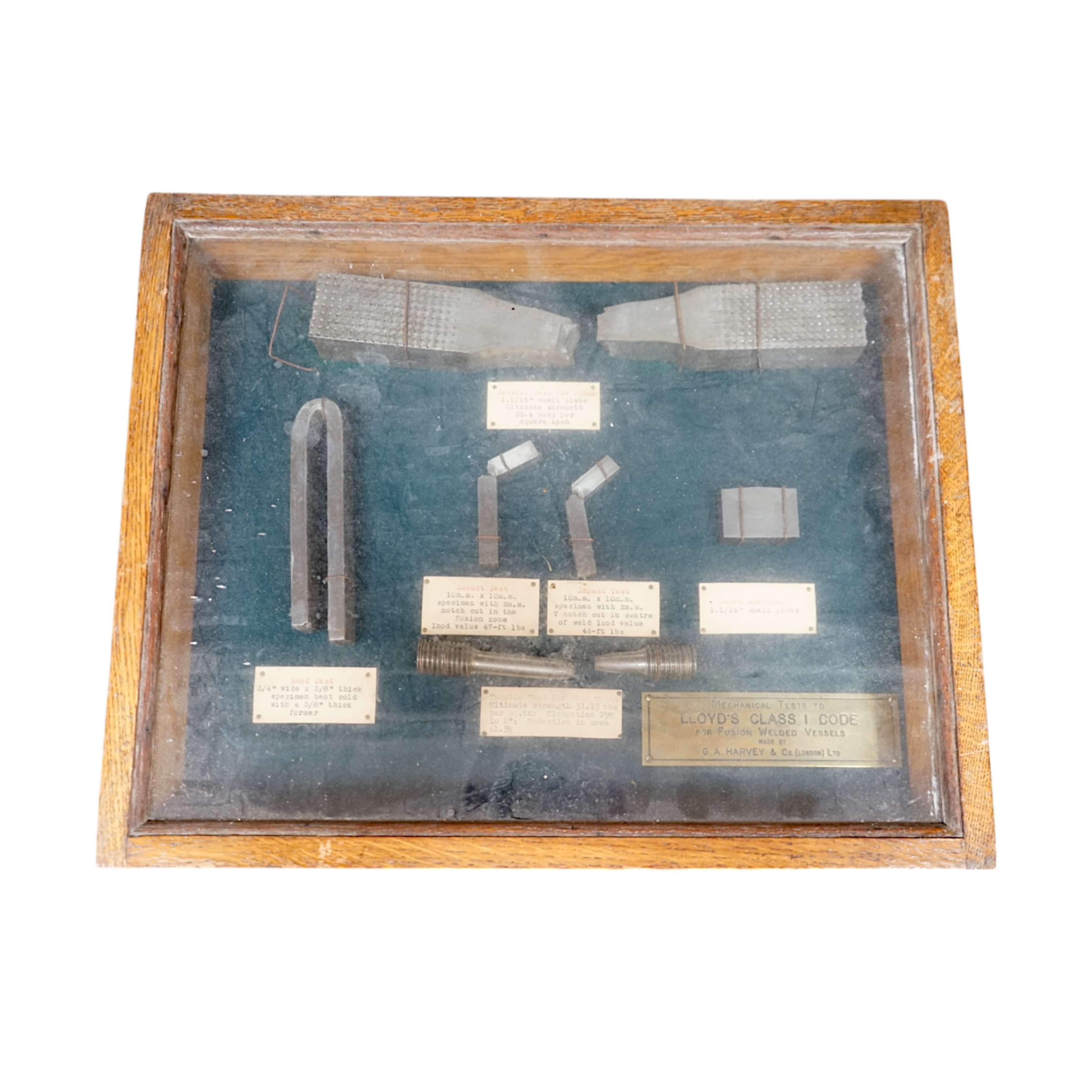 A framed display of Fusion welding pieces, 42.5cm wide. Condition - appears good